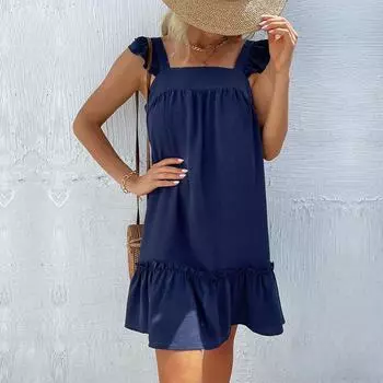 Повседневное праздничное пляжное платье с открытой спиной, летнее короткое темно-синее платье с квадратным вырезом и оборками 2023 года, свободные сексуальные платья без бретелек, Vestidos 26010 S орион