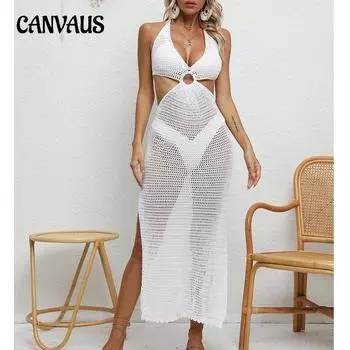 Повседневное праздничное сексуальное тонкое прозрачное пляжное платье с дырявой талией и шейным ремешком, глубоким V-образным вырезом и солнцезащитным кремом One Size белый
