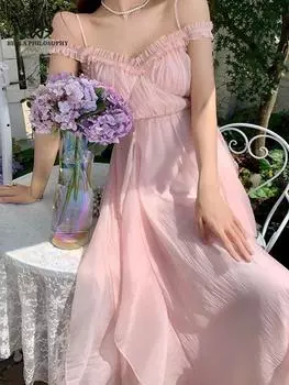 Повседневное розовое эластичное корейское платье с сетчатой спинкой, женское платье средней длины с v-образным вырезом, летнее платье трапециевидной формы без рукавов на бретельках S розовый