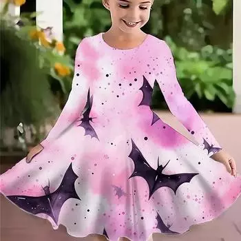 Повседневное розовое платье для девочки с принтом летучей мыши и круглым вырезом, с длинными рукавами, детское платье принцессы 80 чёрный