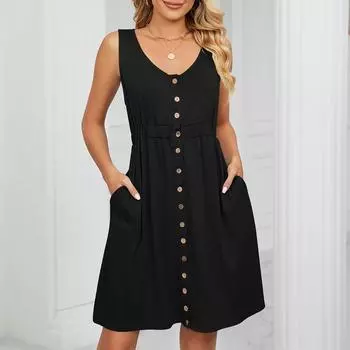 Повседневное сексуальное однотонное платье без рукавов с карманом на пуговицах и круглым вырезом на талии L чёрный