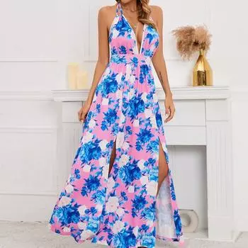 Повседневное сексуальное платье без рукавов с лямкой на шее, синее пляжное платье на шнуровке с v-образным вырезом, летнее длинное платье с разрезом и цветочным принтом, женская одежда 25231 S синий