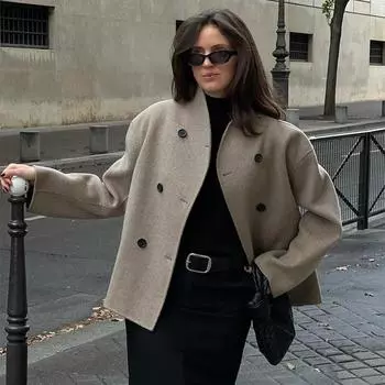 Повседневное шерстяное пальто женское двубортное свободное круглое воротничковое однотонное пальто женское 2024 осень зима длинные рукава теплая верхняя одежда S абрикосовый