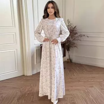 Повседневное шифоновое платье с цветочным принтом для женщин с длинным рукавом, элегантные вечерние длинные платья, мусульманские макси-платья, женская одежда S бежевый