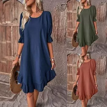 Повседневное среднее свободное хлопково-льняное платье с круглым вырезом на шнуровке XXL чёрный