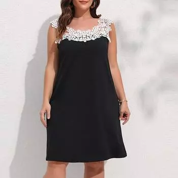 Повседневное свободное черное короткое платье, женское летнее а-силуэтное кружевное платье, элегантное белое кружевное платье без рукавов, 4XL, Vestidos 28061 3XS чёрный