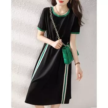 Повседневное свободное и элегантное универсальное платье с круглым вырезом и контрастным дизайном, облегающее талию S чёрный