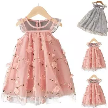 Повседневное свободное и модное кружевное сетчатое платье для девочек, платье без рукавов 110