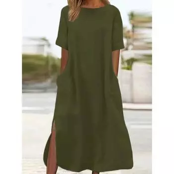 Повседневное свободное летнее платье макси с короткими рукавами и карманами S армия зеленый