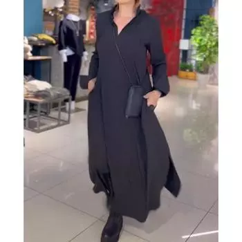 Повседневное свободное однотонное платье с V-образным вырезом, женское платье-пуловер с длинными рукавами, прямое платье-халат в стиле минимализма, базовый женский халат на весну и лето S чёрный