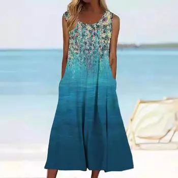 Повседневное свободное платье А-силуэта Платье с цветочным принтом Круглый вырез Без рукавов Длинное платье Модные повседневные повседневные платья S