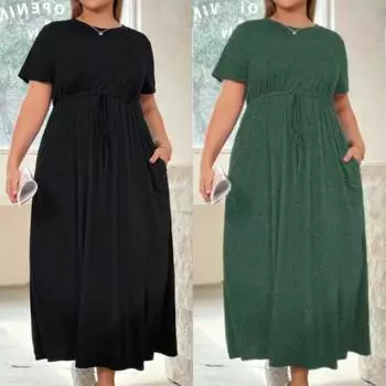 Повседневное свободное платье для женщин, летнее платье с круглым вырезом, коротким рукавом, высокой талией, завязкой, длинное платье с карманом, однотонное дышащее легкое удобное платье размера плюс XL чёрный