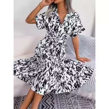 Повседневное свободное платье-рубашка на шнуровке с леопардовым принтом для женщин S белый