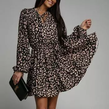 Повседневное свободное платье с цветочным принтом, длинными рукавами, на шнуровке, короткое платье для женщин, модное платье с круглым вырезом, элегантные женские платья А-силуэта 26342 S орион