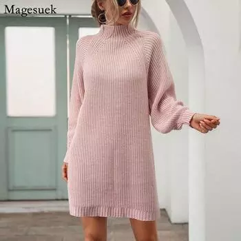 Повседневное свободное платье-свитер с рукавами-фонариками, мода 2021, осень-зима, вязаные свитера, женский однотонный пуловер с высоким воротником 18048 S розовый