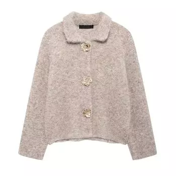 Повседневное теплое пальто женское с лацканами и длинными рукавами однобортный модный свитер женский 2024 осень зима однотонный трикотаж леди S хаки