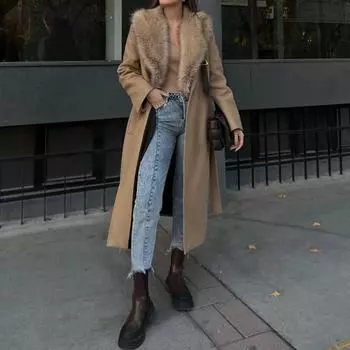 Повседневное теплое шерстяное длинное пальто со шнуровкой для женщин, осень-зима, элегантное пальто с лацканами и длинными рукавами, ветрозащитная куртка в стиле пэчворк S хаки