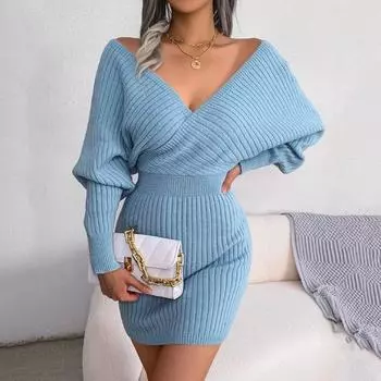 Повседневное трикотажное платье-свитер с перекрестным v-образным вырезом, женское модное зеленое облегающее платье с длинными рукавами «летучая мышь», осенне-зимнее сексуальное платье 23849 S чёрный