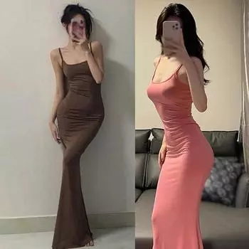 Повседневное универсальное платье с подтяжками на бедрах, сплошное цветное тонкое длинное платье с сумкой на бедрах L