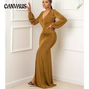 Повседневное вечернее платье с длинным рукавом и V-образным вырезом, однотонные женские платья, длинное платье S жёлтый
