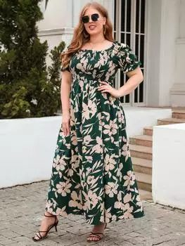 Повседневное винтажное платье больших размеров с квадратным вырезом и принтом, женское эстетичное шикарное свободное платье с коротким рукавом, женская элегантная одежда с открытыми плечами и эластичной резинкой на талии XL синий