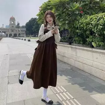 Повседневное винтажное платье-комбинация, женское вельветовое элегантное платье в консервативном стиле без рукавов, корейская мода, свободный женский халат M чёрный