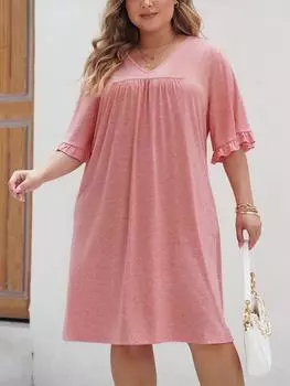 Повседневное винтажное свободное платье больших размеров с V-образным вырезом, женская мода, шикарное натуральное однотонное платье с половиной рукава, женский французский дизайн, весенняя пляжная одежда с рюшами и красками XL розовый