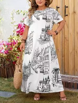 Повседневное винтажное свободное платье больших размеров с круглым вырезом, женское эстетичное шикарное длинное платье трапециевидной формы с принтом, женский модный дизайн, натуральная одежда с коротким рукавом XL белый