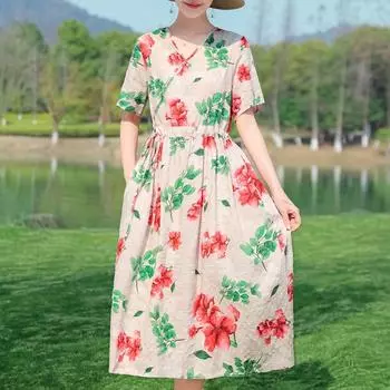 Повседневное женское элегантное платье, летнее хлопково-льняное женское платье больших размеров с коротким рукавом, винтажное платье XL