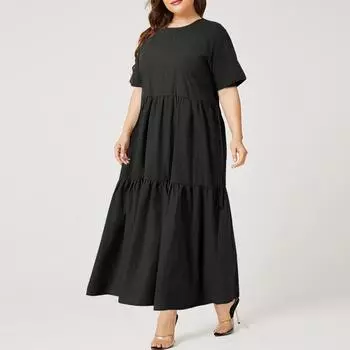 Повседневное женское хлопковое платье больших размеров с круглым вырезом и коротким рукавом FZH S армия зеленый