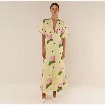 Повседневное женское платье с цветочным принтом, праздничное, с глубоким V-образным вырезом, с коротким рукавом, свободное женское длинное платье 2025 года, летняя мода, пляжное женское платье S жёлтый
