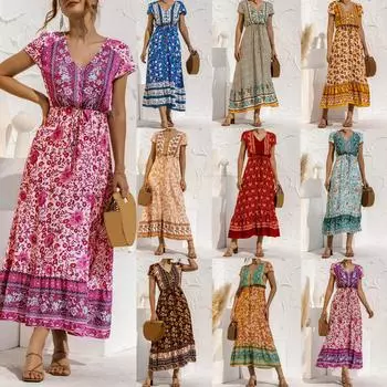 Повседневное женское платье с v-образным вырезом и коротким рукавом, богемная кружевная праздничная длинная юбка на пуговицах S бежевый