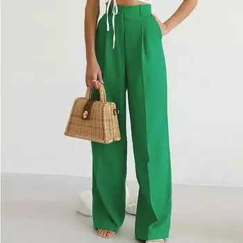 Повседневные элегантные длинные брюки женские зеленые с высокой талией широкие брюки женские модные шикарные офисные женские брюки на молнии с карманами 20982 S коричневый