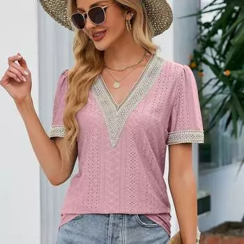 Повседневные элегантные кружевные рубашки, модные летние футболки с коротким рукавом, женские топы, блузки с V-образным вырезом, женские однотонные блузы 25814 S зелёный