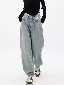 Повседневные американские свободные светло-голубые модные джинсовые широкие брюки с буквами для женщин, чтобы они выглядели стройными и свободными S