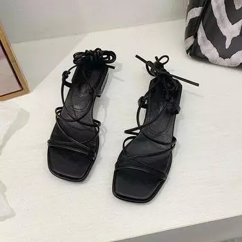 Повседневные базовые сандалии на квадратном каблуке для женщин, новинка 2024 года, горячая распродажа, летние резиновые женские туфли на шнуровке, женские сандалии на среднем каблуке 35 бежевый