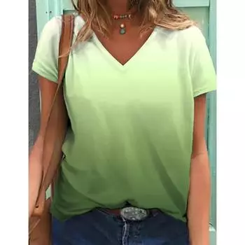 Повседневные базовые женские топы с V-образным вырезом и короткими рукавами, простой градиентный принт, 2024, летние женские большие размеры, удобные домашние футболки 2XS