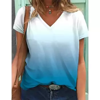 Повседневные базовые женские топы с V-образным вырезом и короткими рукавами, простой градиентный принт, летние женские топы 2025 года, большие размеры, удобные домашние футболки S