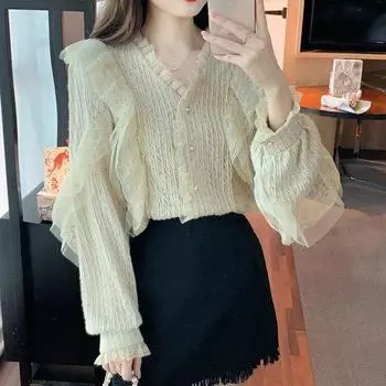 Повседневные белые блузки и топы с v-образным вырезом, элегантная одежда, осенняя полая блузка с рюшами, корейские кружевные рубашки с длинными рукавами, женская одежда 29520 S хаки