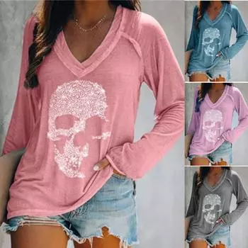 Повседневные блузки с длинными рукавами, свободные футболки, топы с принтом черепа, женские модные осенне-зимние хлопковые рубашки с v-образным вырезом 2XL синий