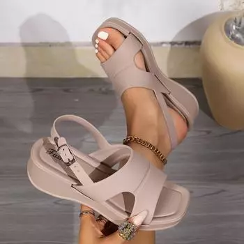 Повседневные босоножки на танкетке, женские, на платформе, лето 2024 г., новые универсальные женские туфли с французской римской застежкой сзади, однотонные сандалии De Mujer 36 абрикосовый