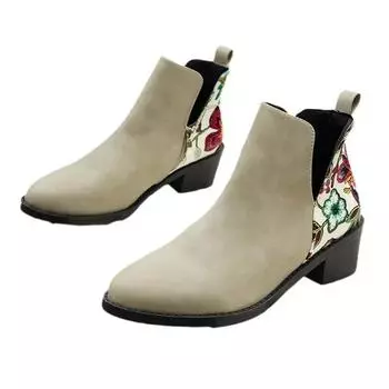 Повседневные ботильоны в стиле ретро на среднем каблуке с острым носком, осенние цветочные узоры, лоскутные ботинки, женские туфли, женские ботильоны 38 бежевый