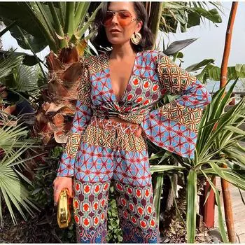 Повседневные брючные костюмы женские с принтом модные комплекты с глубоким V-образным вырезом и длинными рукавами женские летние облегающие мягкие женские комплекты с высокой талией XS