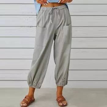 Повседневные брюки больших размеров из хлопка и льна, женские весенне-летние свободные брюки с высокой талией и пуговицами, широкие укороченные брюки с карманами, брюки на шнурке 1009 S белый
