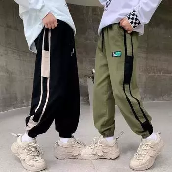 Повседневные брюки для мальчиков, модели ранней осени, рабочая одежда больших размеров, повседневные девятиминутные брюки с большими карманами и шнурком 110 чёрный