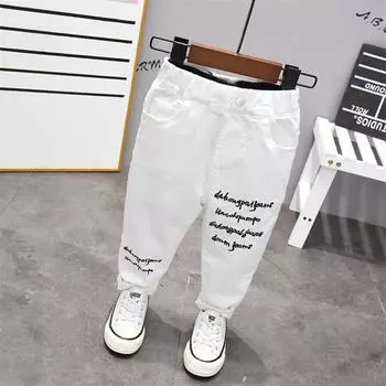 Повседневные брюки для мальчиков, уличная одежда, детские брюки для мальчиков, брюки с вышитой монограммой 130 белый