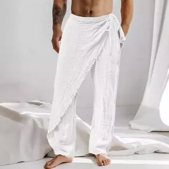 Повседневные брюки для мужчин с запахом на талии, кулиской и деталями по подолу, разных цветов S