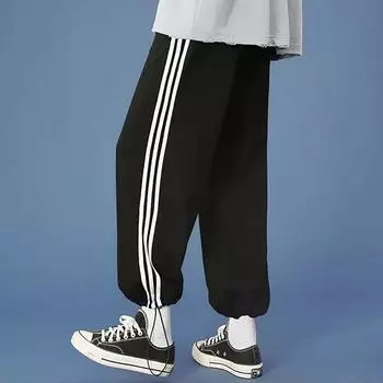 Повседневные брюки для мужчин весной и осенью универсальные свободные прямые спортивные брюки с девятью точками на шнурке M чёрный
