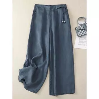 Повседневные брюки из хлопка и льна с высокой талией, летние широкие брюки в стиле ретро, женские эластичные свободные прямые желтые женские брюки S абрикосовый