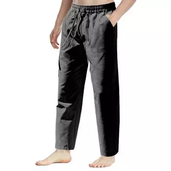 Повседневные брюки из хлопка и льна, мужские летние облегающие спортивные брюки с эластичным поясом и шнурком S зелёный